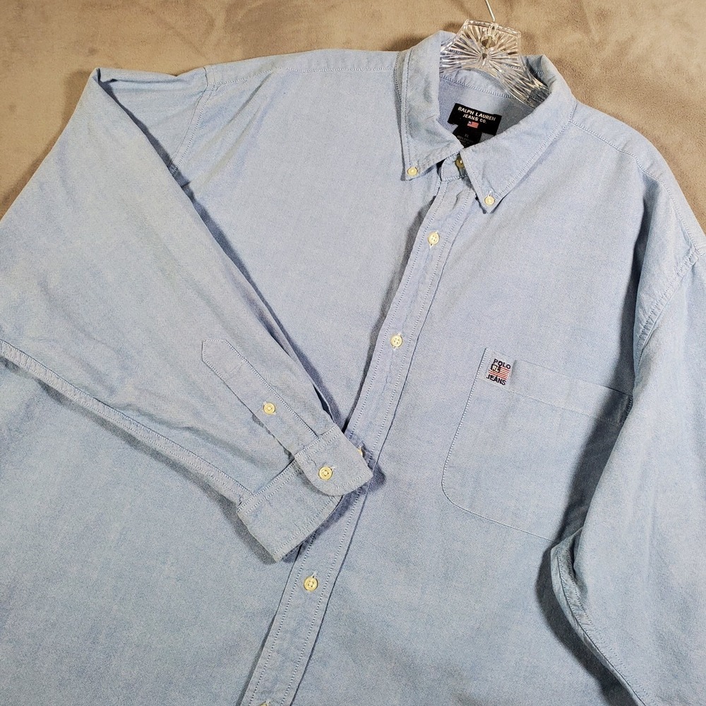 VTG Ralph Lauren Jeans Co Shirt Mens XL Blue Chambray Flag Logo Long Sleeve Prep